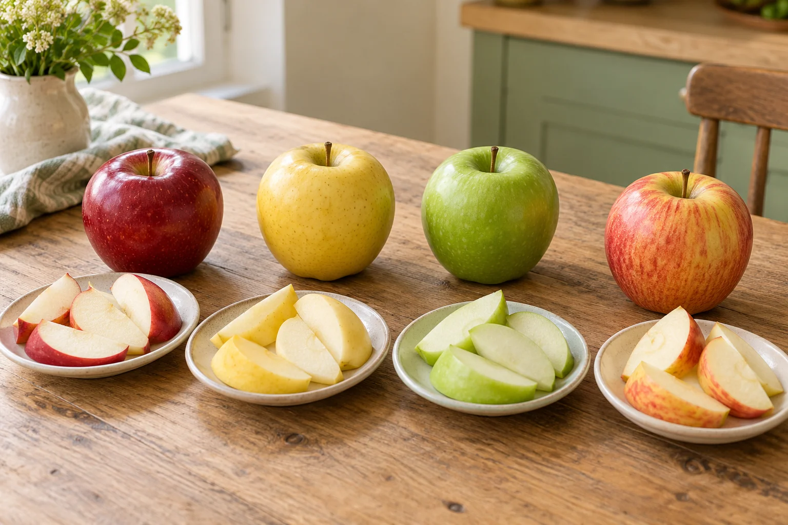 Four different whole apples beside small plates of apple wedges on a kitchen table.