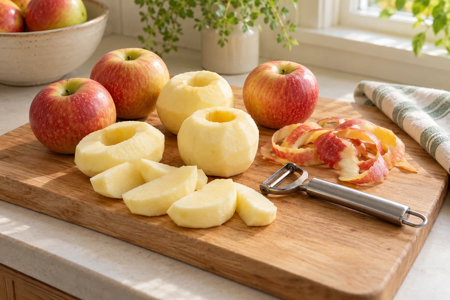 Whole apples, peeled apple pieces and a plain metal Y-peeler on a wooden board.