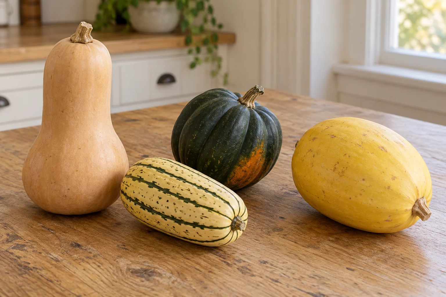 Four whole winter squashes on a kitchen table: tan butternut, striped delicata, dark-green acorn and yellow spaghetti squash.