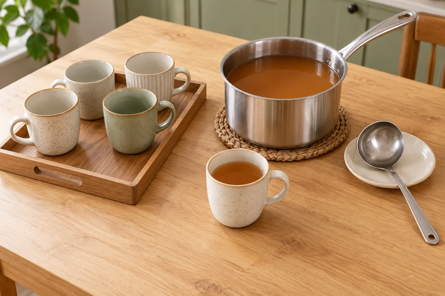 A saucepan of amber cider on a trivet, ceramic mugs and a ladle on a saucer.