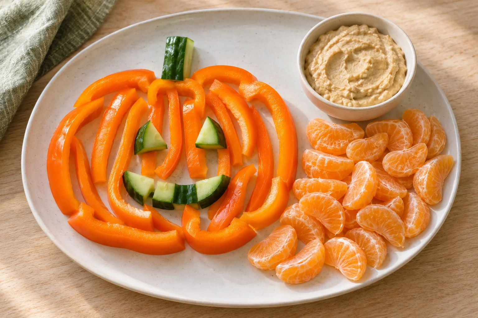 Pepper strips arranged as a pumpkin with cucumber features, clementine segments and a bowl of hummus.