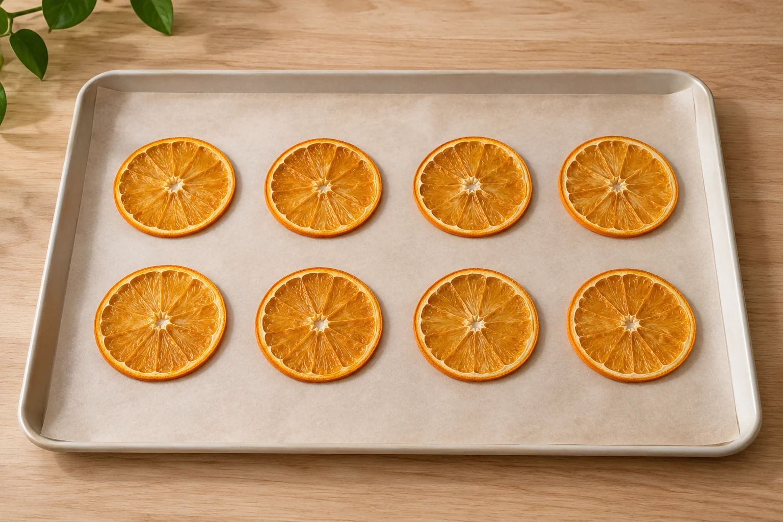 Eight separate orange slices on parchment in a shallow cream baking sheet.