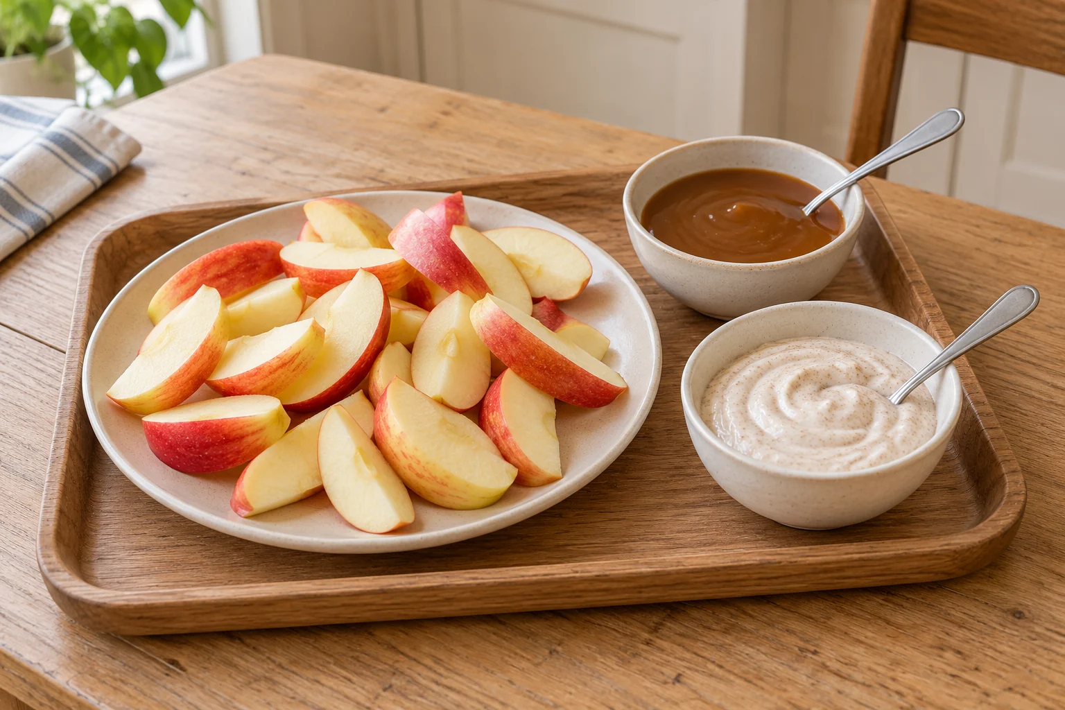 Plain apple slices on a tray beside separate bowls of caramel and cinnamon yogurt dip, each with its own spoon.
