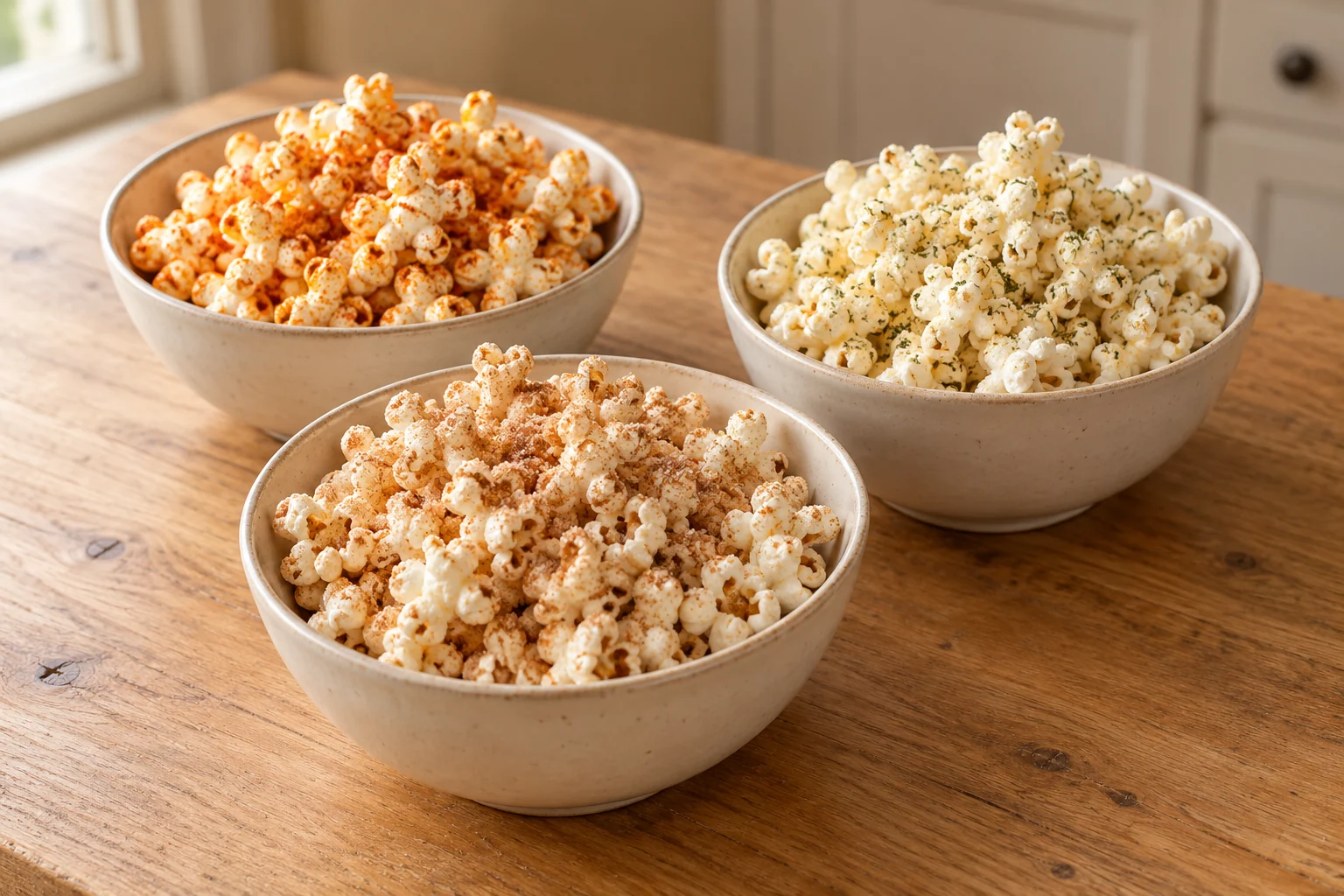 Three bowls of popcorn with cinnamon sugar, smoky garlic and Parmesan-dill seasoning on a wooden table.