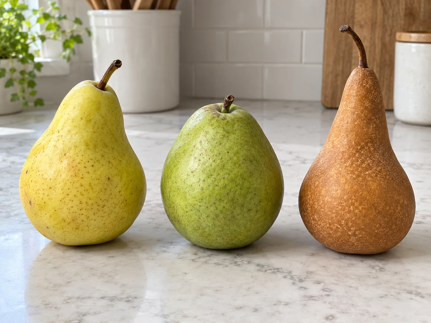 Yellow, green and russet-brown pears stand side by side on a kitchen counter.