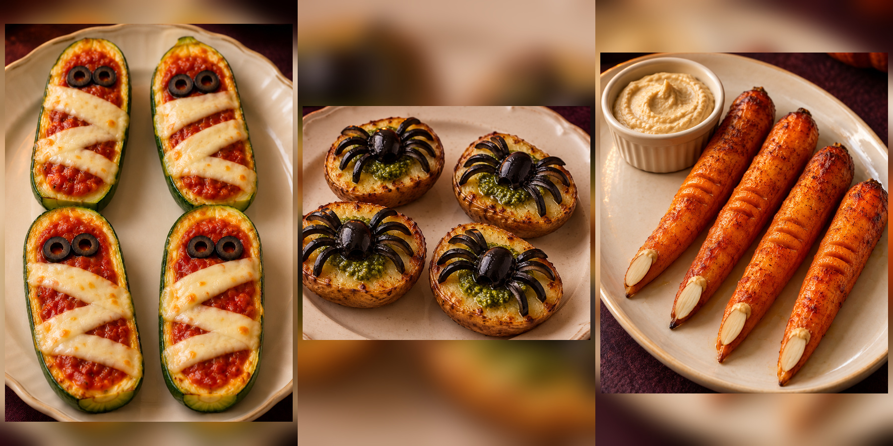 Four zucchini mummy boats with mozzarella bandages and olive-ring eyes, four roast-potato halves with pesto and olive spiders, and four roasted carrot fingers with almond nails and hummus.
