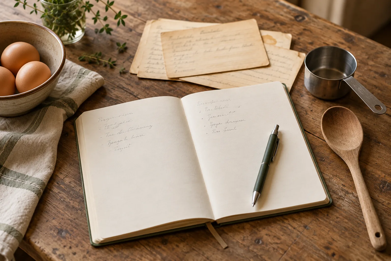 An open recipe notebook, handwritten cards, a measuring cup and wooden spoon on a kitchen table