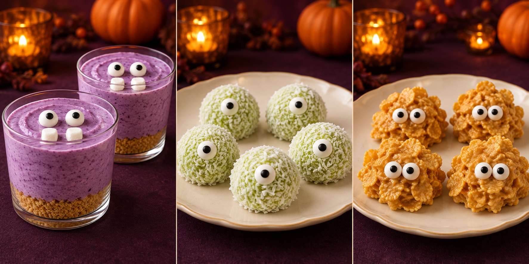 Purple blueberry ricotta monster cups with candy eyes and marshmallow teeth, pale green coconut cyclops bites with one eye each, and golden peanut-butter cornflake monsters with two eyes.
