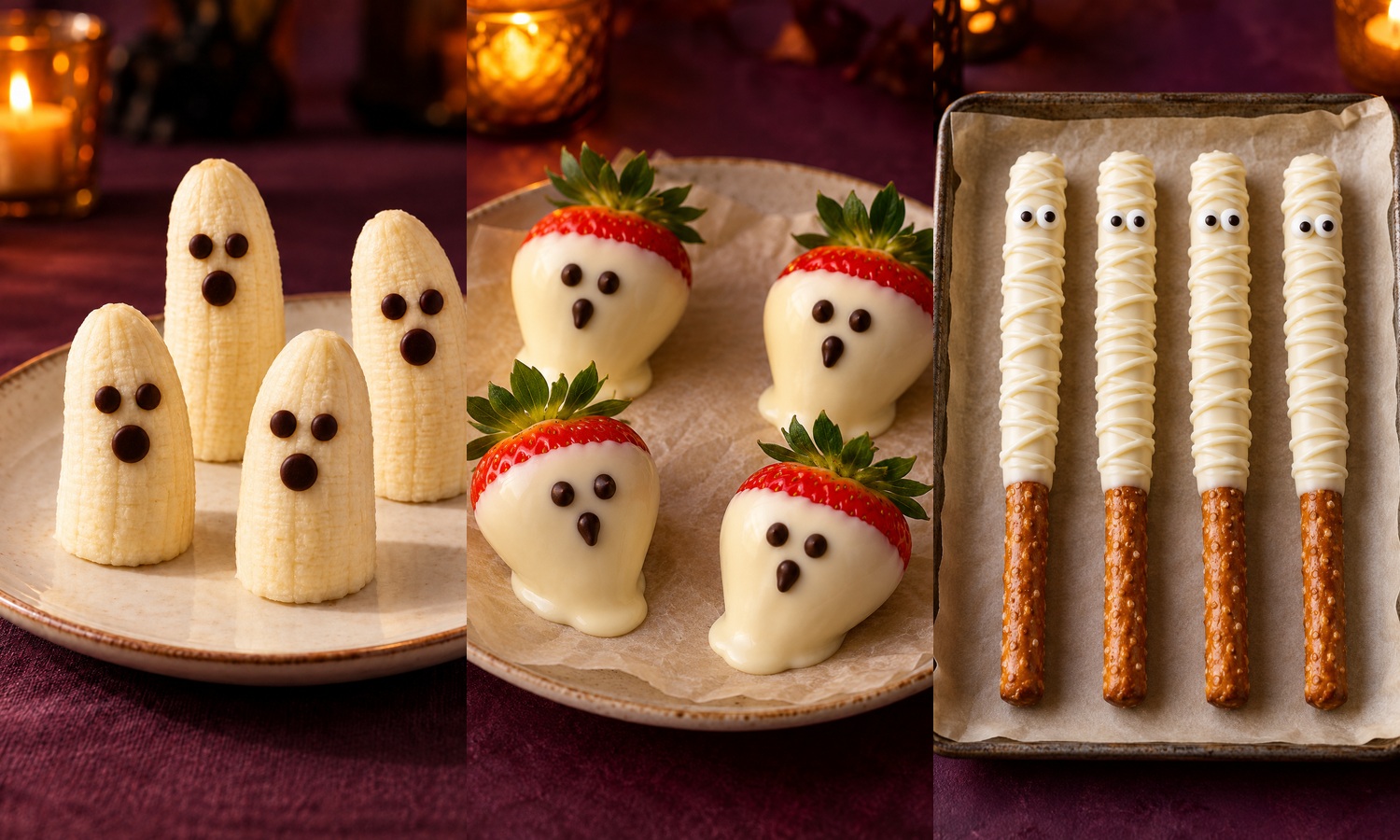 Four banana ghosts with chocolate-chip faces, four white-chocolate strawberry ghosts with leafy tops, and four white candy-coated pretzel mummies. The strawberry and pretzel photographs each show four of the twelve-piece recipe.