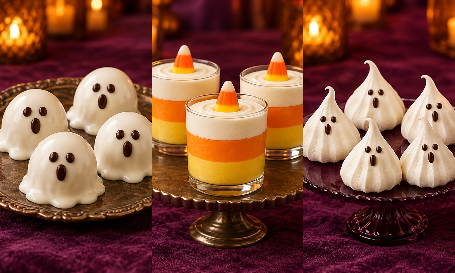 Four donut ghosts, three yellow-orange-white cheesecake cups and five ghost meringues.