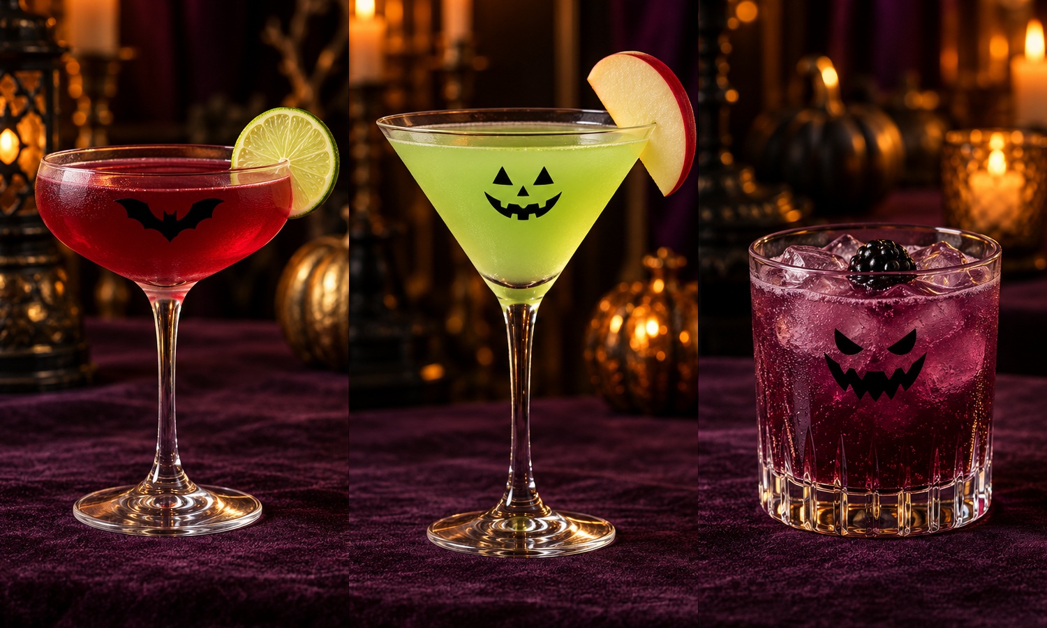 A red Vampire Cosmopolitan with a lime wheel and bat decal, green Poison Apple Martini with an apple slice and pumpkin decal, and purple Blackberry Bourbon Fizz over ice with a blackberry and monster decal.