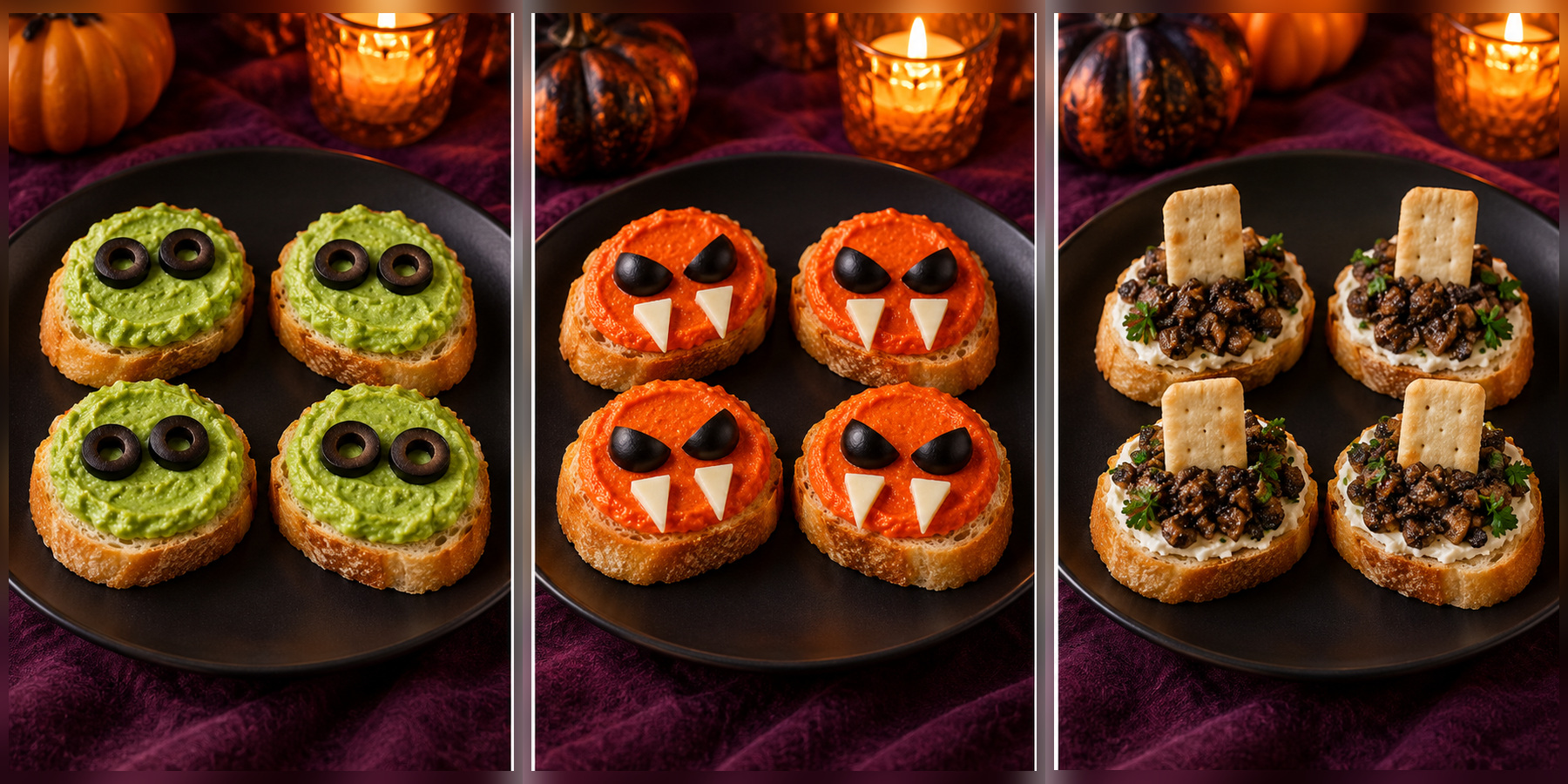 Pea monster toasts with olive-ring eyes, roasted-pepper vampire toasts with mozzarella fangs, and mushroom toasts with cracker tombstones.