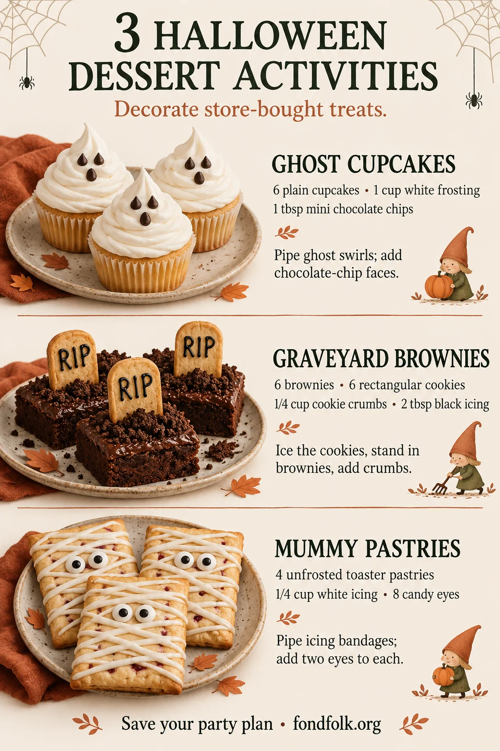 Three Halloween dessert activities with measured ingredients: ghost cupcakes, graveyard brownies and mummy toaster pastries.