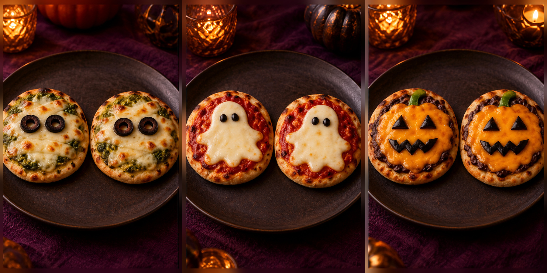 Pesto monster mini pitas with olive eyes, marinara mini pitas with mozzarella ghosts, and black-bean cheddar mini pitas decorated as jack-o’-lanterns.
