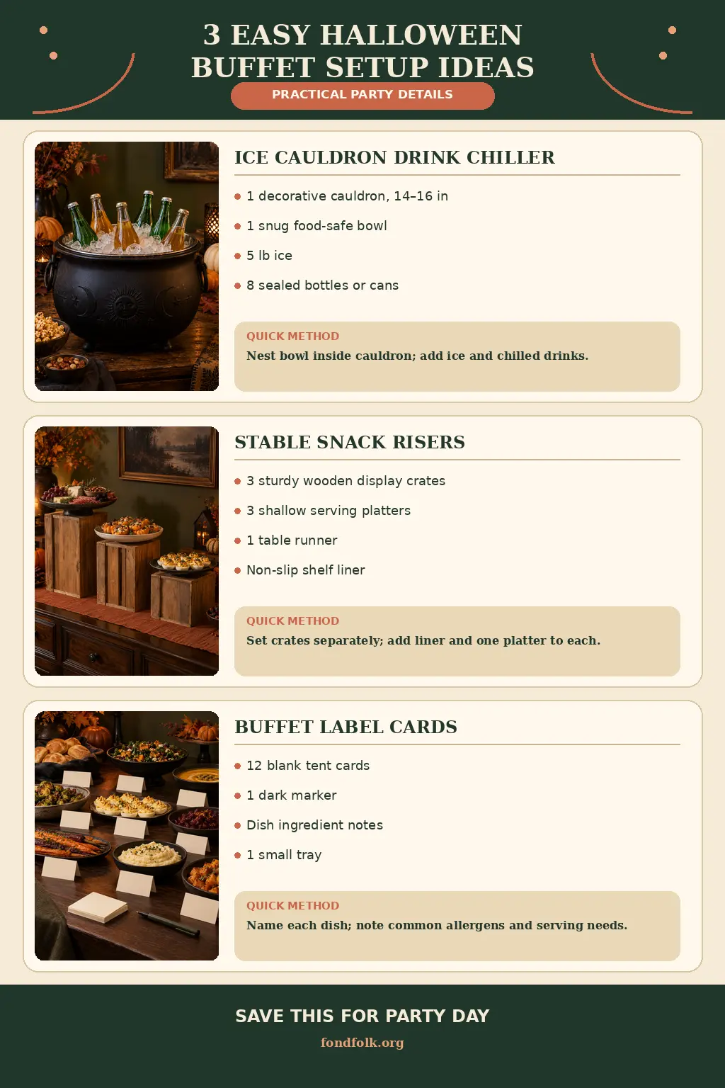 Cream, dark olive and terracotta Halloween guide showing three practical buffet setup ideas: a decorative cauldron with a separate ice bowl and sealed drinks, three stable wooden snack risers with platters, and blank tent cards for dish and ingredient labels. Each panel includes supplies and one brief instruction.