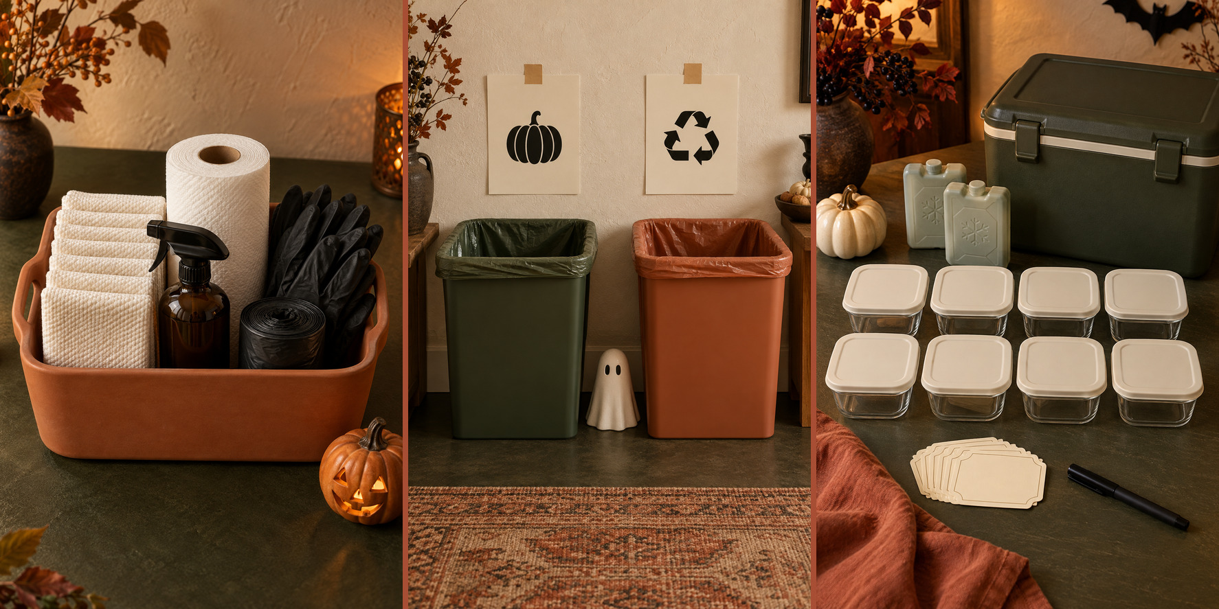 Warm cream, dark olive and terracotta Halloween party guide showing three cleanup stations: a stocked spill-response caddy, side-by-side trash and recycling bins, and eight leftover containers with labels, a cooler and ice packs.
