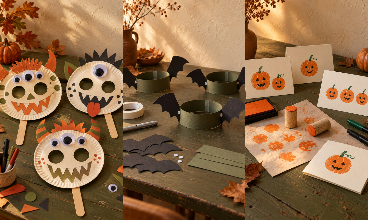Three Halloween party craft stations on a dark olive table: paper-plate monster masks, black bat wings on adjustable paper headbands, and orange pumpkin-stamped cream cards.