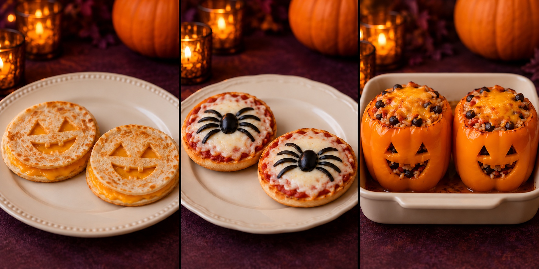 Jack-o’-lantern quesadillas, mini bagel pizzas with eight-legged olive spiders and orange jack-o’-lantern peppers filled with rice, black beans and melted cheddar.