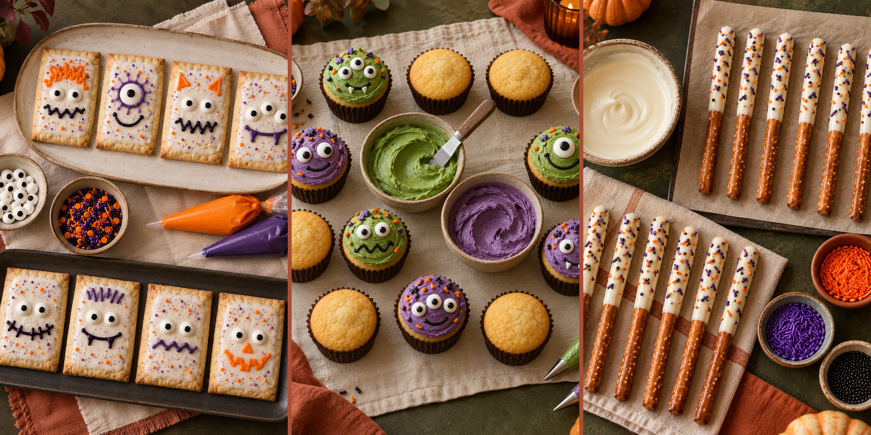 Halloween food decorating table with spooky toaster pastries, monster cupcakes and white-chocolate pretzel spell wands.
