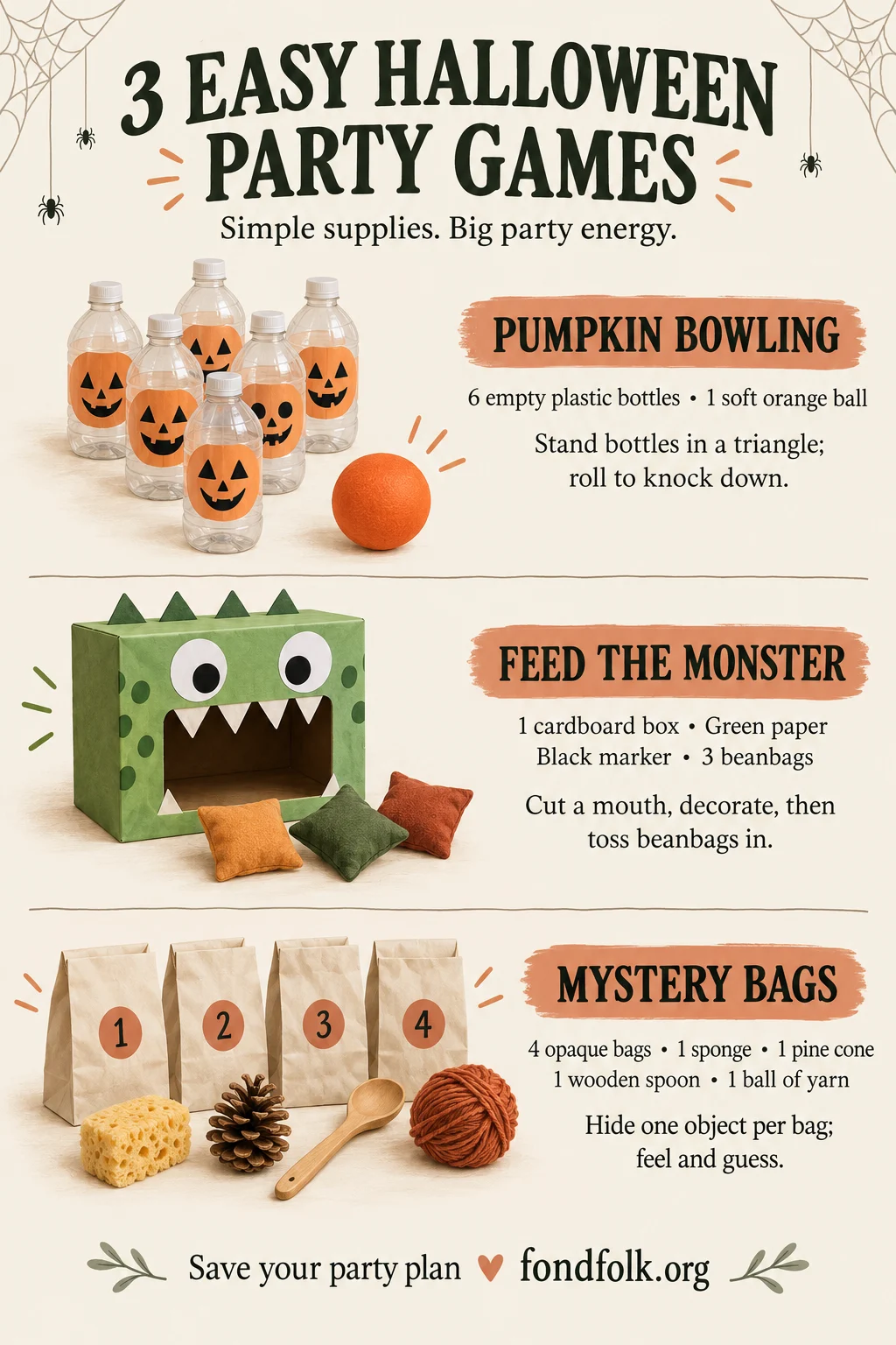 Three Halloween games with supplies and instructions: pumpkin bowling, feed-the-monster beanbag toss and four mystery bags.