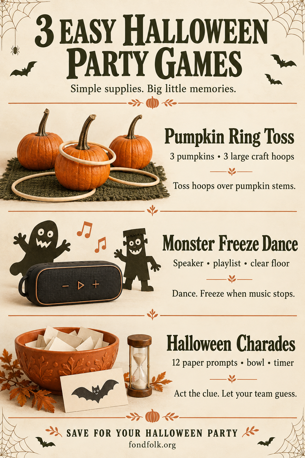 Three Halloween party games with supplies and quick instructions: pumpkin ring toss, monster freeze dance and Halloween charades.