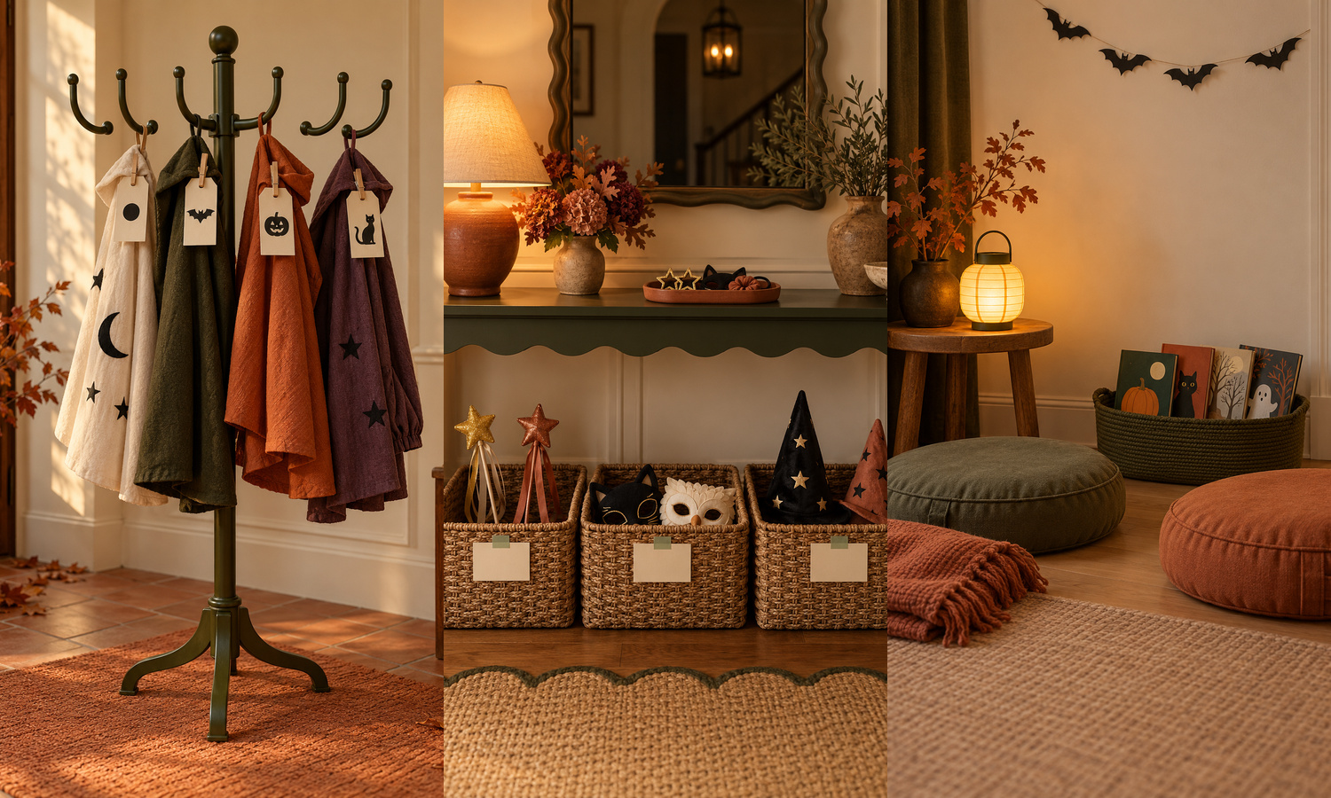 Three Halloween party guest-comfort stations: a tagged costume-and-coat rack, three baskets for costume props, and a quiet corner with two cushions, four books and a battery lantern.