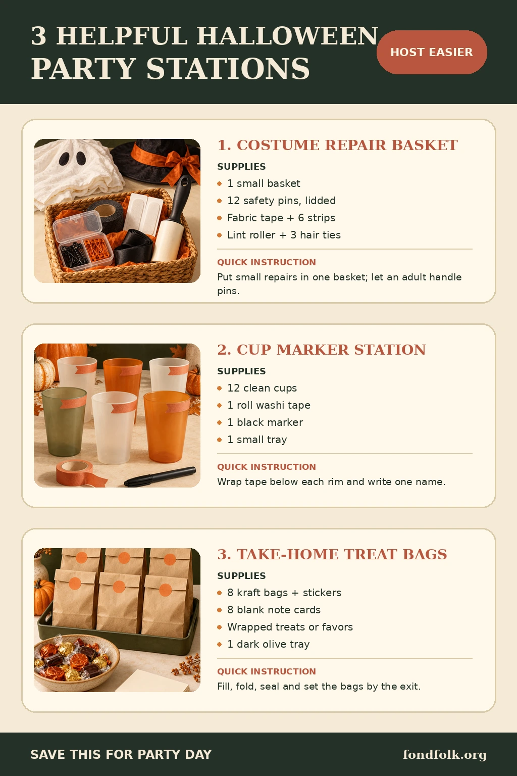 Three Halloween party hosting stations with supplies and instructions: a costume repair basket, labeled cup markers and take-home treat bags.