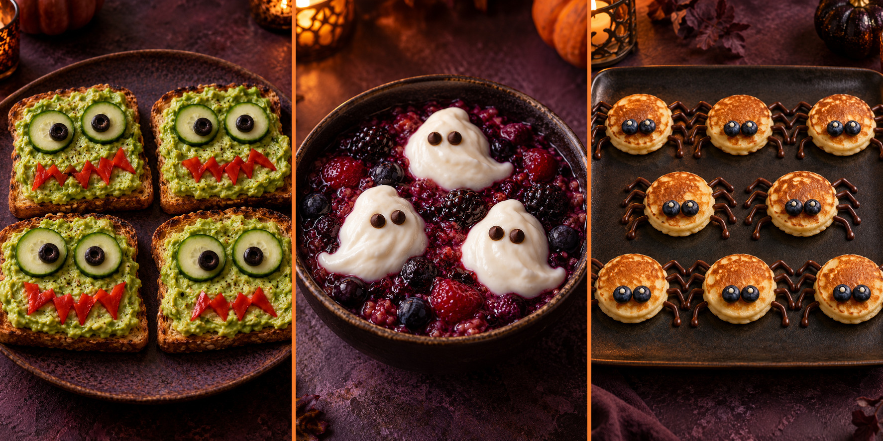Monster avocado toasts, a ghost berry yogurt bowl and eight spider banana pancakes for a Halloween party breakfast.