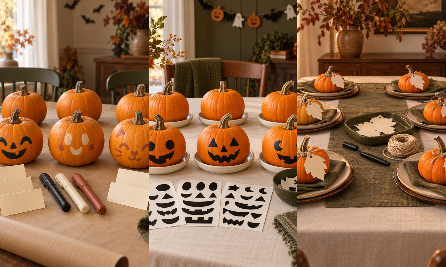 Three no-carve Halloween pumpkin activities: painted mini-pumpkin faces, removable sticker-face pumpkins and leaf-tag pumpkin place cards.