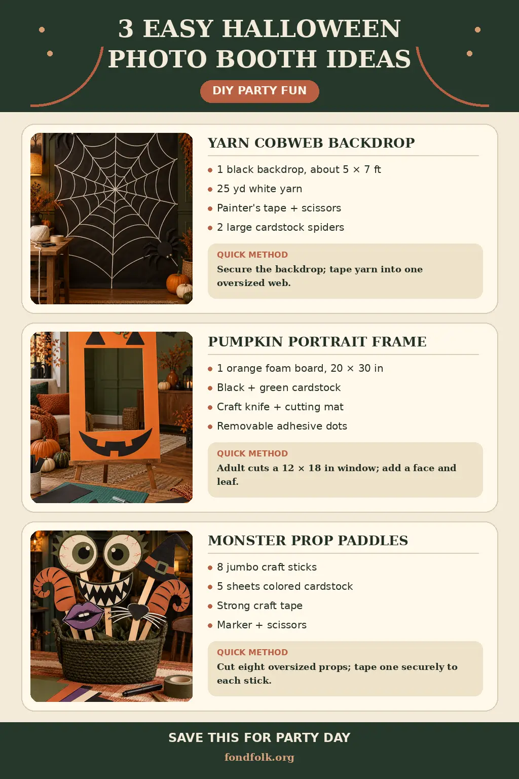 Cream, dark olive and terracotta guide showing three DIY Halloween photo booth ideas: a black backdrop with a white yarn cobweb, an orange pumpkin portrait frame and eight cardstock monster prop paddles. Each panel includes supplies and one brief instruction.