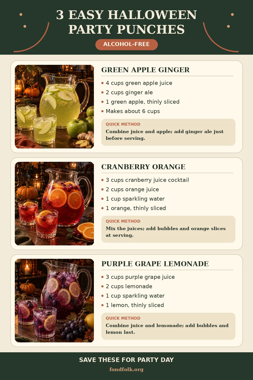 Fondfolk Halloween party drinks guide showing green apple ginger punch, cranberry orange sparkler and purple grape lemonade, with measured ingredients and one brief instruction for each alcohol-free pitcher.