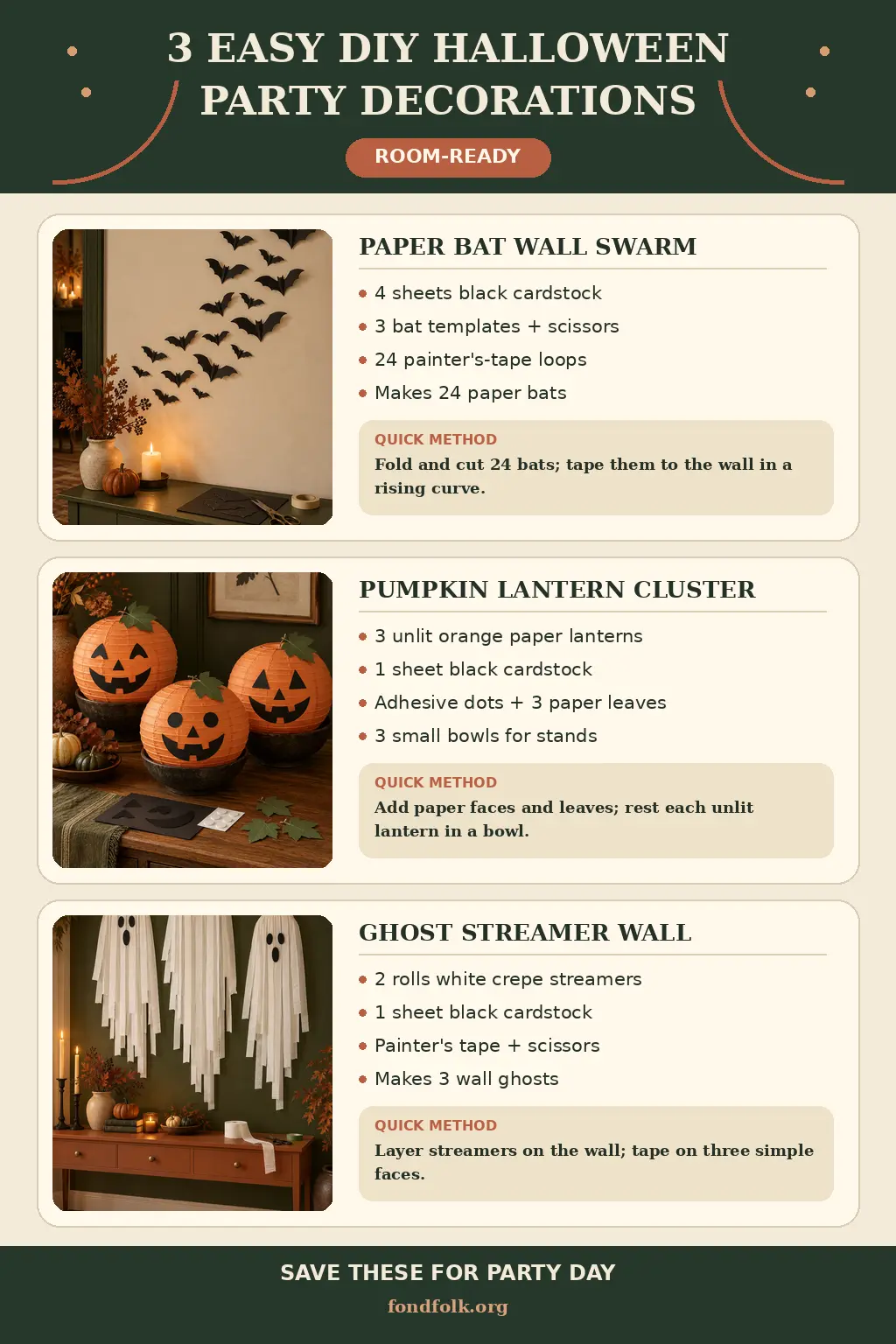 Cream, dark olive and terracotta Halloween guide showing a folded paper bat wall swarm, three unlit pumpkin paper lanterns in stable bowls and three white crepe-paper ghost wall decorations. Each panel lists supplies and one brief instruction.