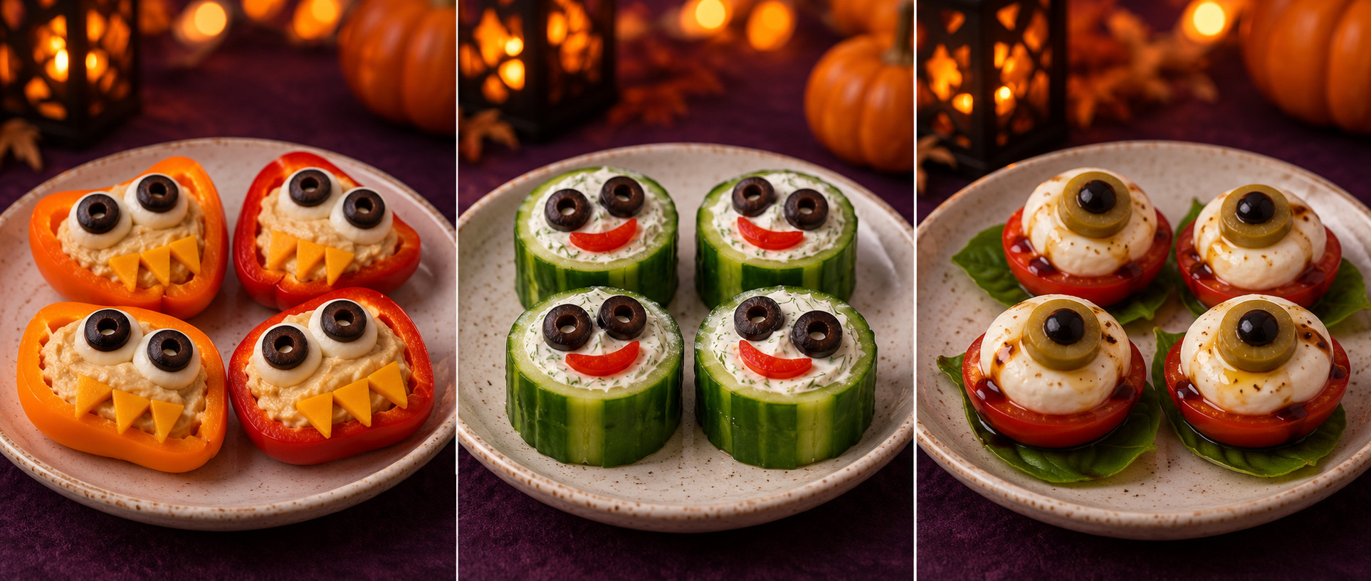 AI-generated illustration of hummus-filled pepper monsters with cheese teeth, cucumber goblin cups with olive eyes, and tomato-mozzarella caprese cyclops bites.