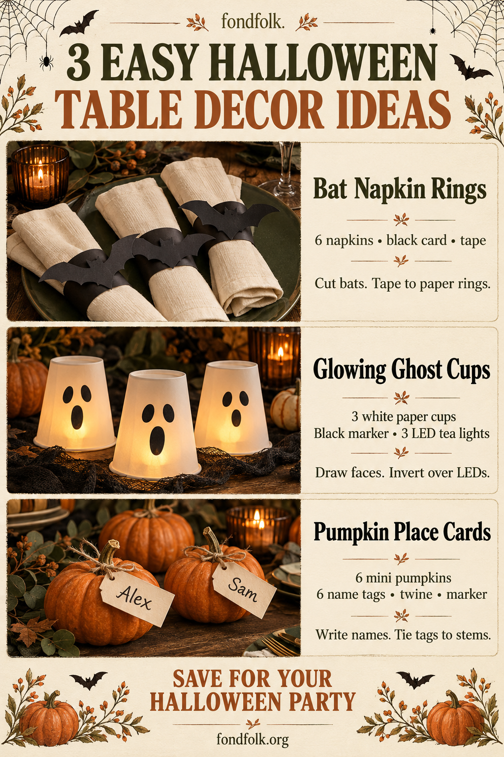 Three DIY Halloween table decorations: black bat napkin rings, glowing white ghost cups, and mini pumpkins with tied name tags.