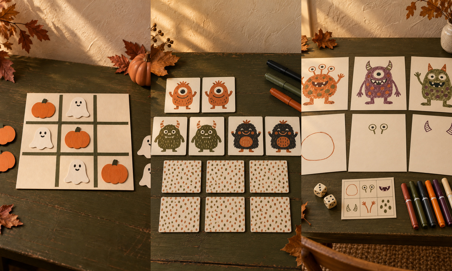 Three Halloween party table games: pumpkin-and-ghost tic-tac-toe, monster matching cards, and a roll-a-monster drawing activity with paper, markers and dice.