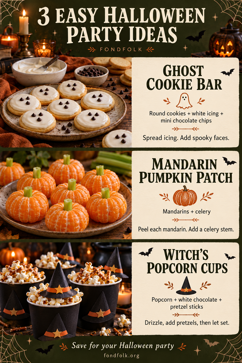 Three illustrated Halloween party ideas: ghost-face cookies, mandarin pumpkins with celery stems, and popcorn cups with white chocolate and pretzels.