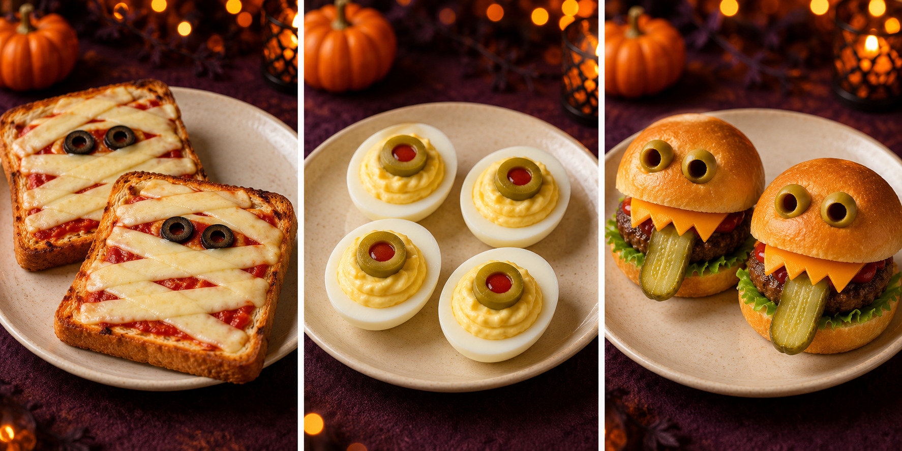 Mummy pizza toasts with mozzarella bandages, deviled eggs with green olive eyes, and monster mini burgers with cheese teeth and pickle tongues.