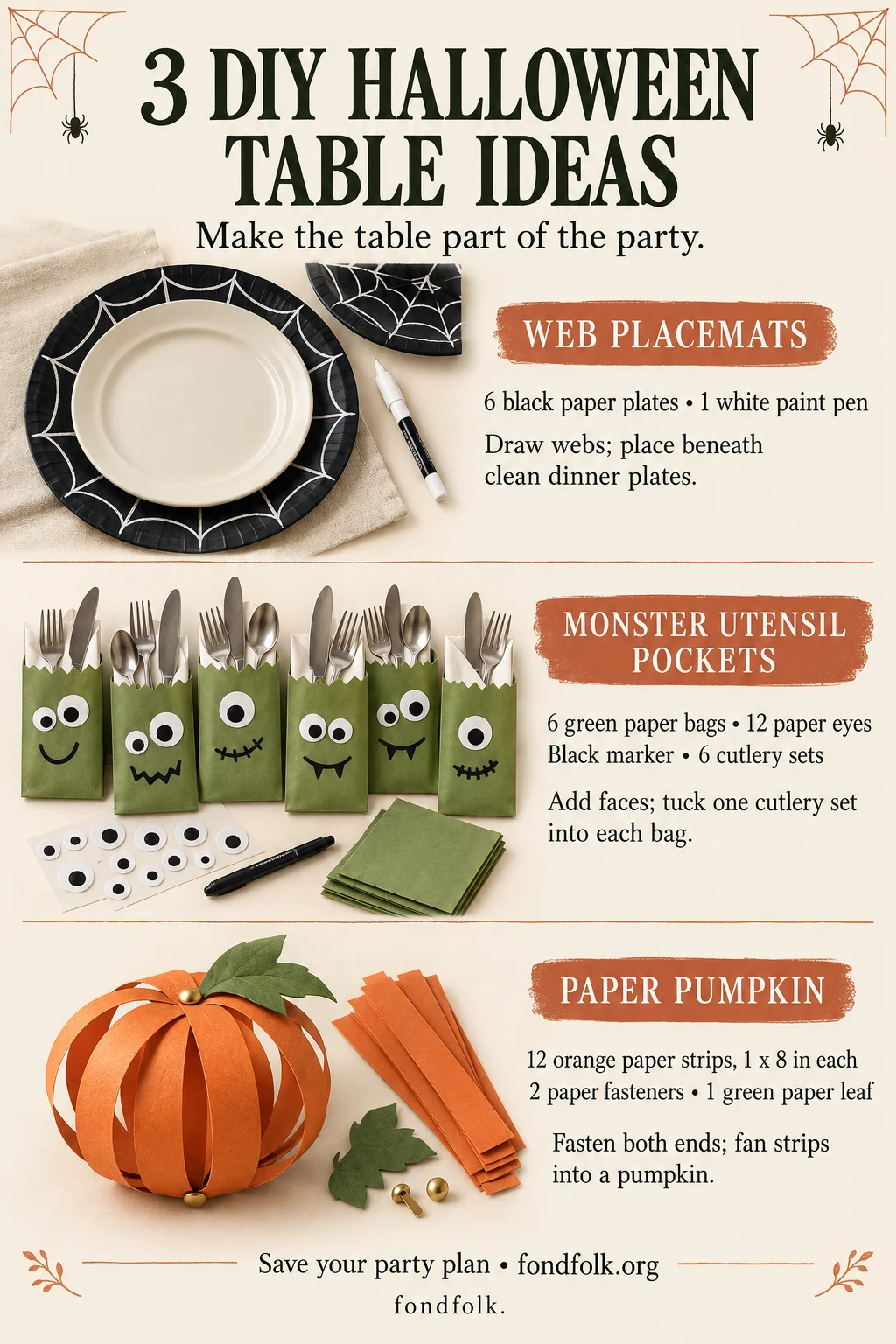 Three DIY Halloween table ideas with supplies: black web placemats, green monster utensil pockets and an orange paper-strip pumpkin.