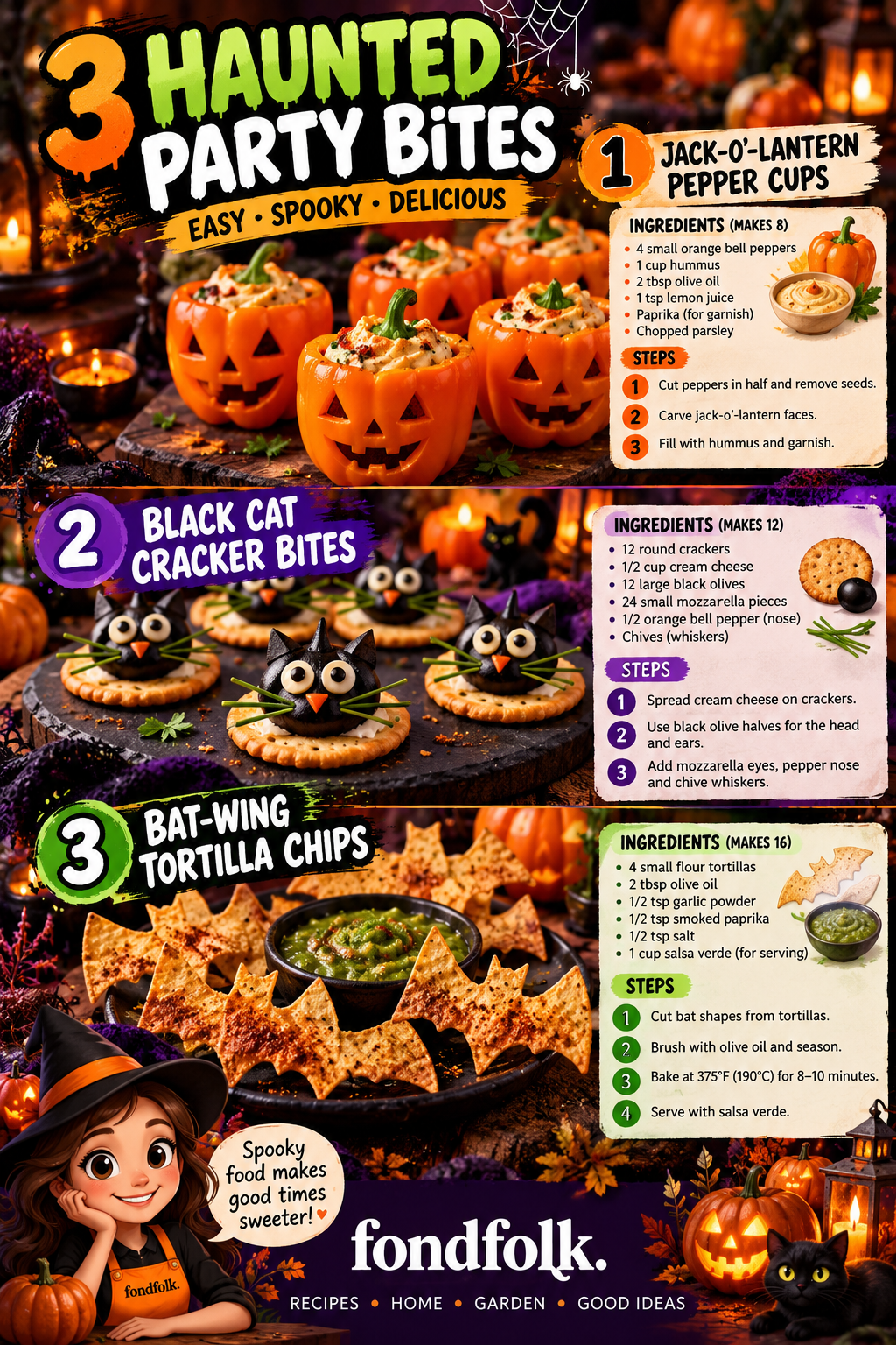 Fondfolk Haunted Party Bites illustration with jack-o’-lantern hummus peppers, black olive cat crackers and bat-shaped tortilla chips with salsa verde. The measured pepper recipe makes eight halves.