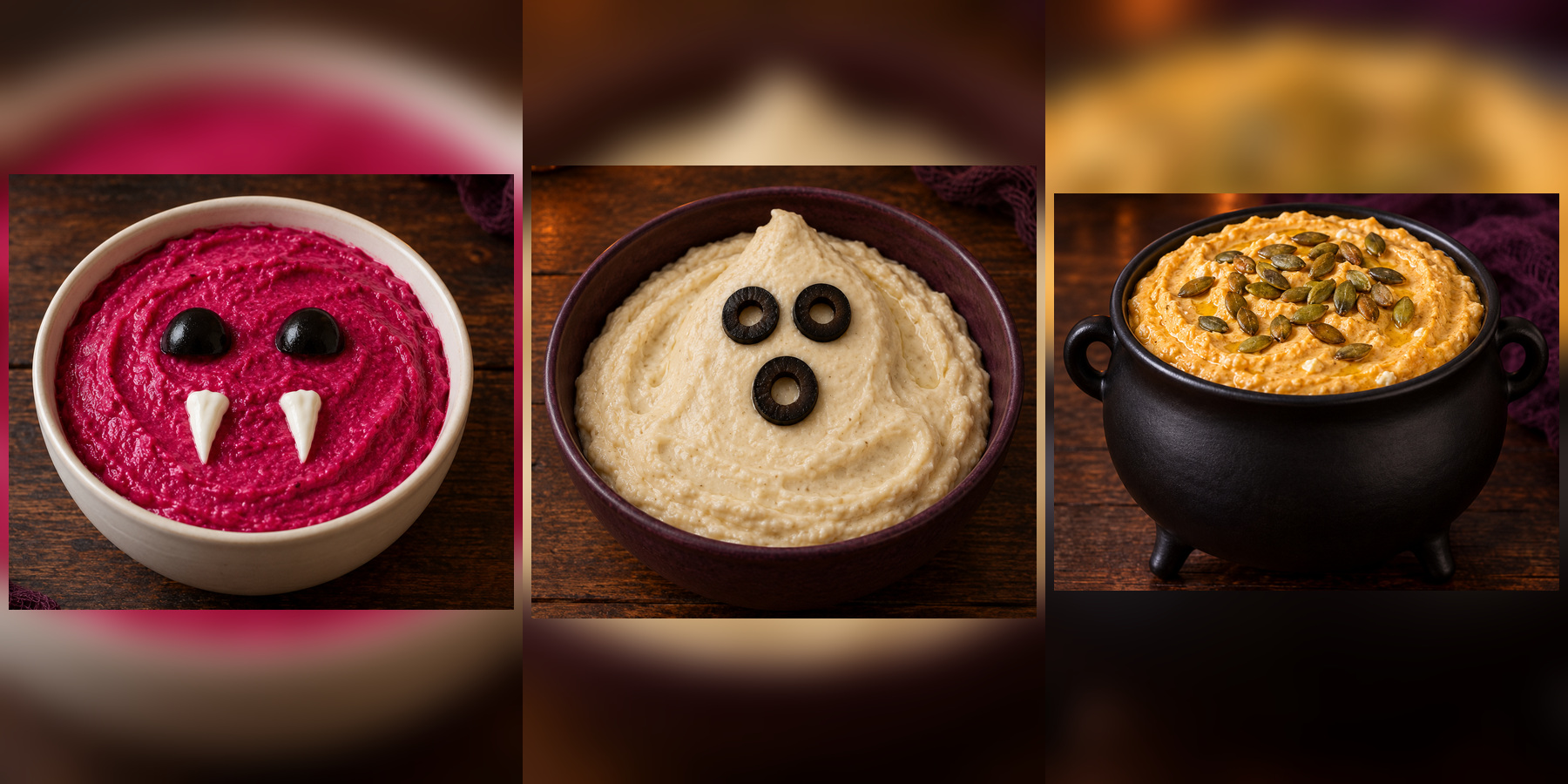 Beet-magenta vampire dip with two olive-half eyes and two yogurt fangs; white bean ghost dip with three olive-ring facial features; and orange pumpkin-feta dip with pepitas in a black ceramic cauldron bowl.