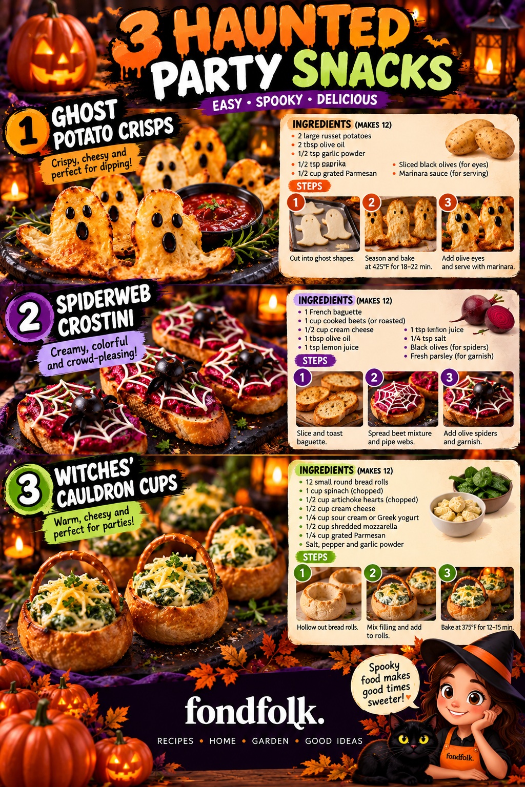 Three Halloween party snack recipes: golden potato ghosts with olive faces, beet crostini with white webs and olive spiders, and spinach-artichoke bread cups with optional pretzel handles.