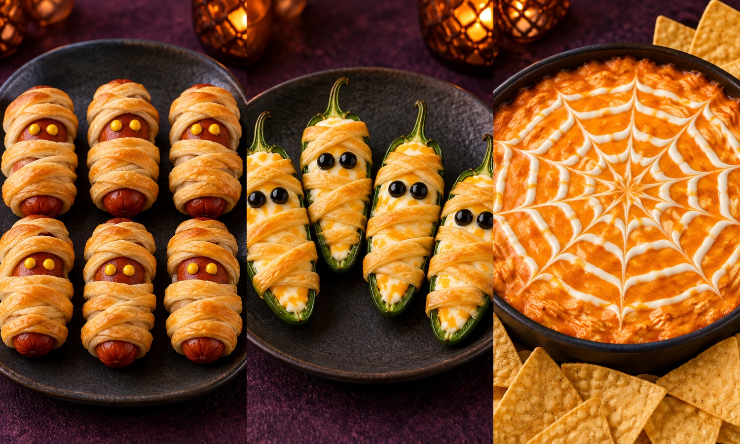 Six sausage mummies, four mummy jalapeño poppers and a six-serving spiderweb buffalo dip.