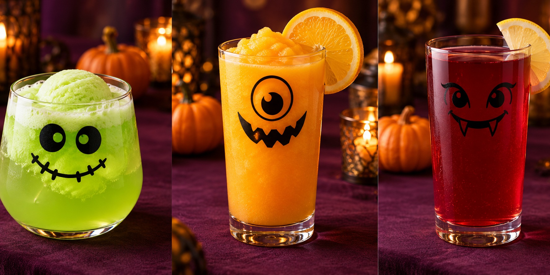 Three decorated monster glasses: foamy pale green sherbet punch, orange mango slush with an orange slice, and ruby pomegranate lemonade with a lemon half-moon.
