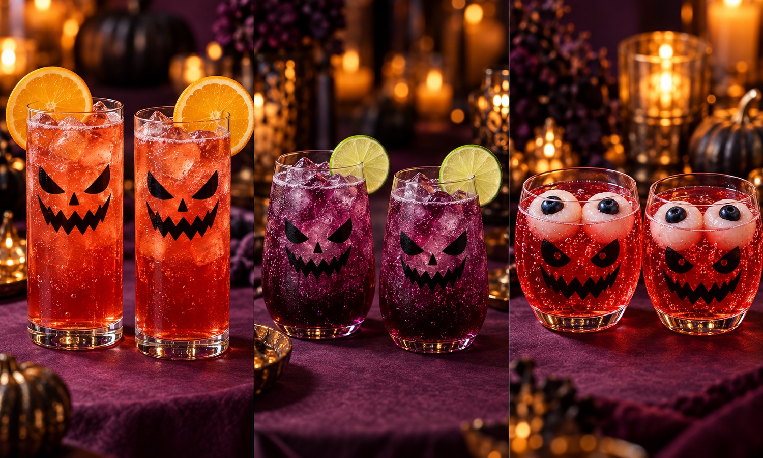 Three pairs of monster-decorated glasses: orange-wheel blood moon fizz, lime-garnished blackberry fizz and ruby punch with two lychee-blueberry eyes per glass.