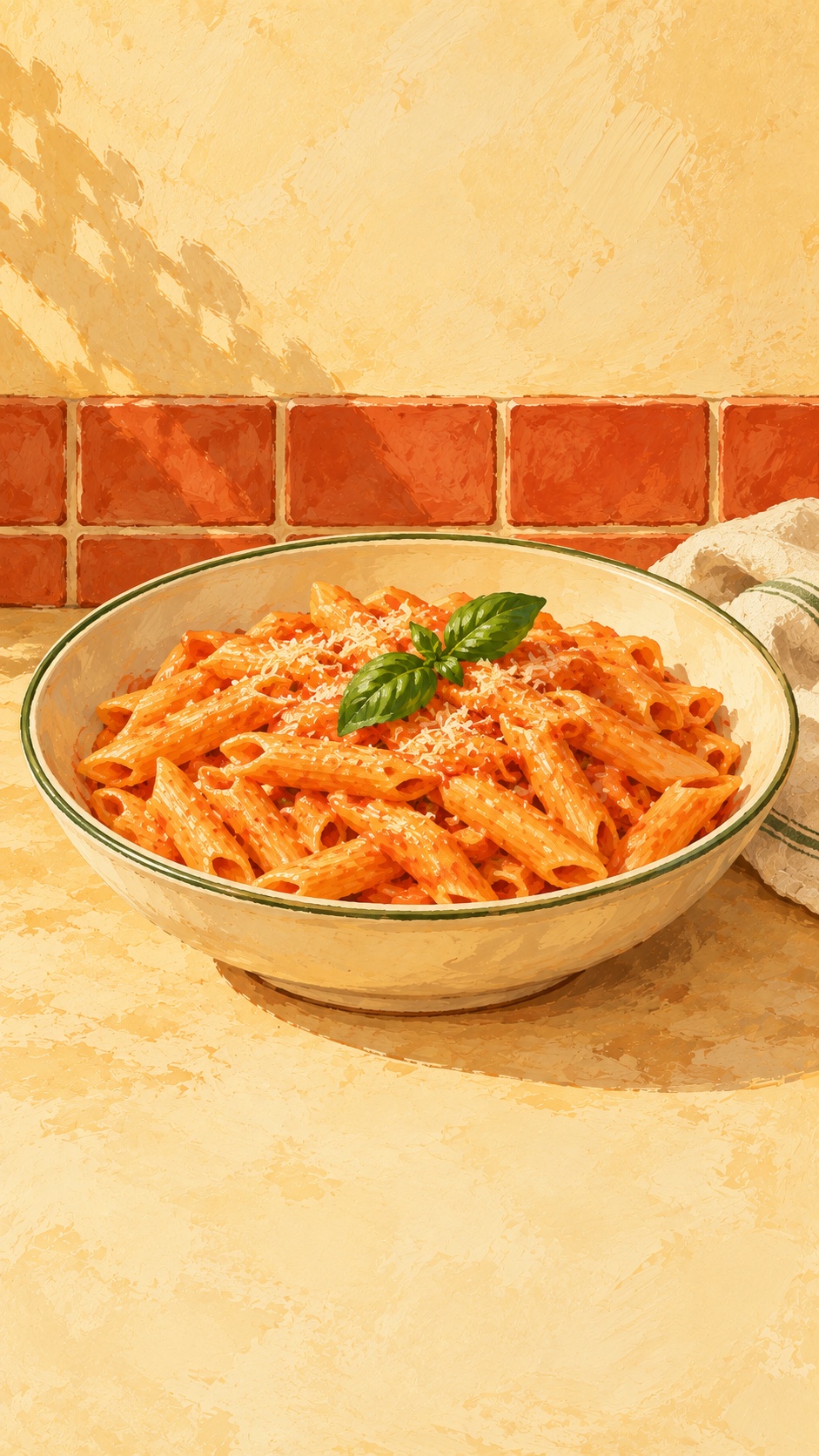 Warm painted illustration of ridged penne in coral tomato-cream sauce with Parmesan and optional basil in a cream ceramic bowl.