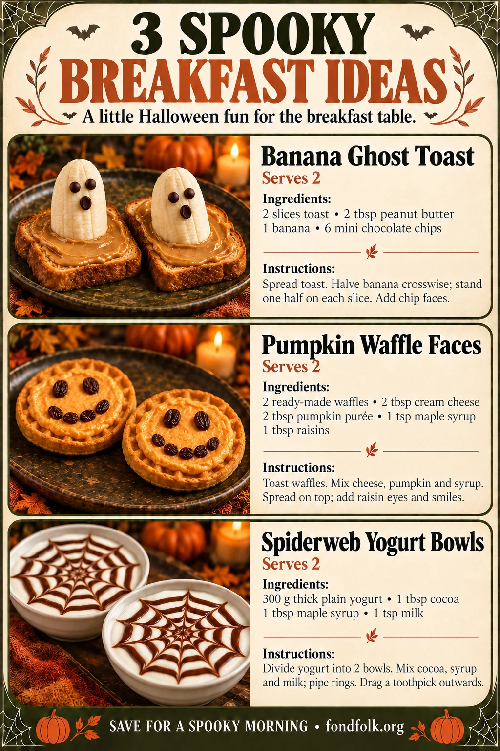 Cream and olive Halloween recipe infographic showing banana ghost toast, pumpkin-face waffles with raisin features, and yogurt bowls with cocoa spiderwebs. Three recipes include measured ingredients and short steps.