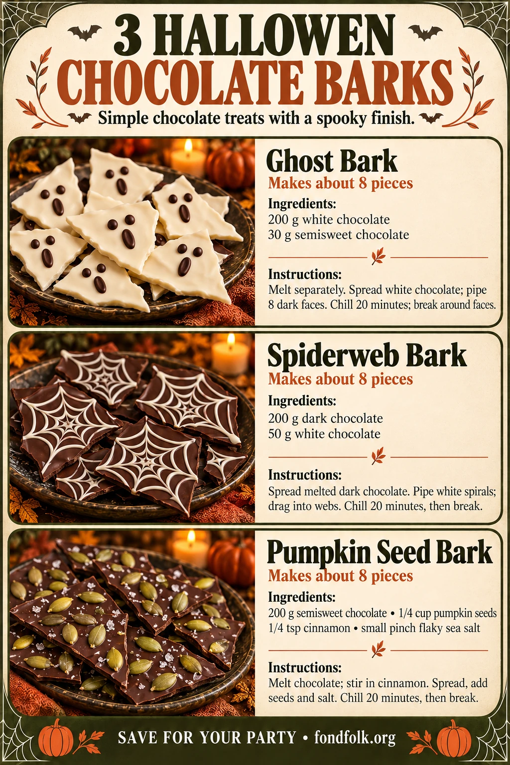 Cream and olive Halloween recipe infographic showing white chocolate ghost-face bark, dark chocolate bark with white spiderwebs, and semisweet bark scattered with green pumpkin seeds. Measured ingredients and short methods appear beside each.