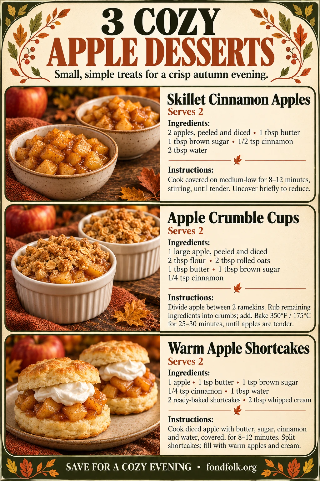 Cream and terracotta autumn recipe infographic showing cinnamon skillet apples, two individual apple crumble cups, and apple shortcakes with a small spoonful of cream. Each dessert includes measured ingredients and short steps.