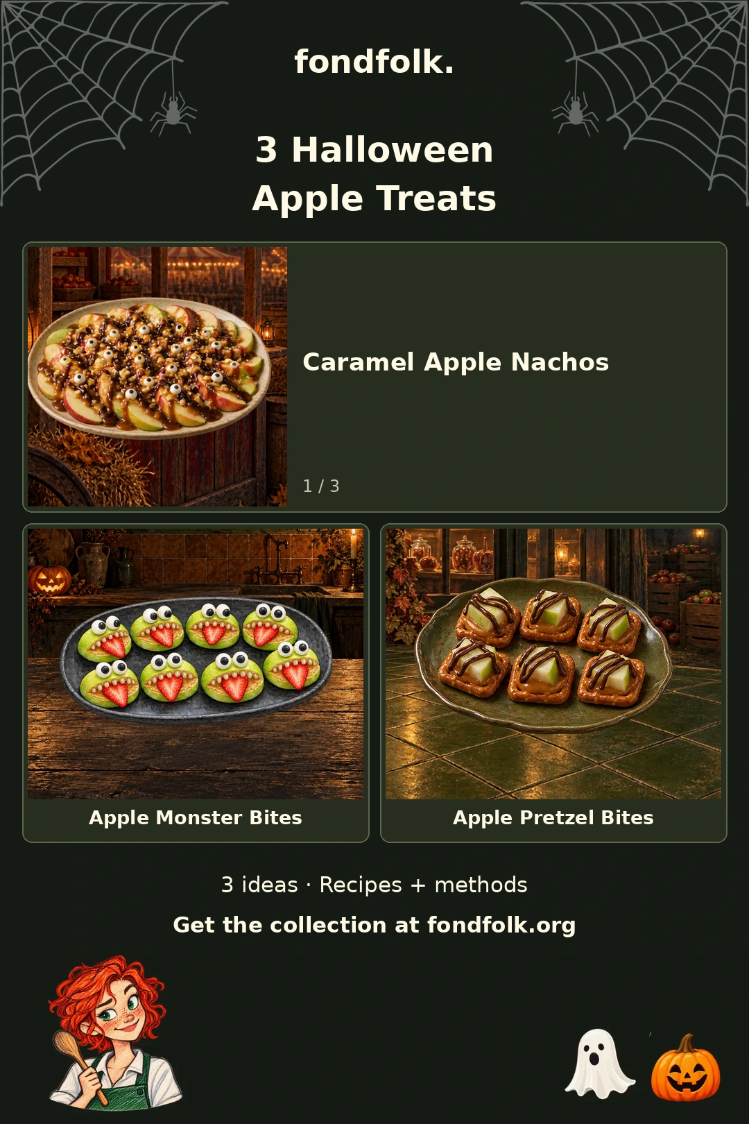 Fondfolk collection of 3 Halloween ideas: Caramel Apple Nachos, Apple Monster Bites, Apple Pretzel Bites.