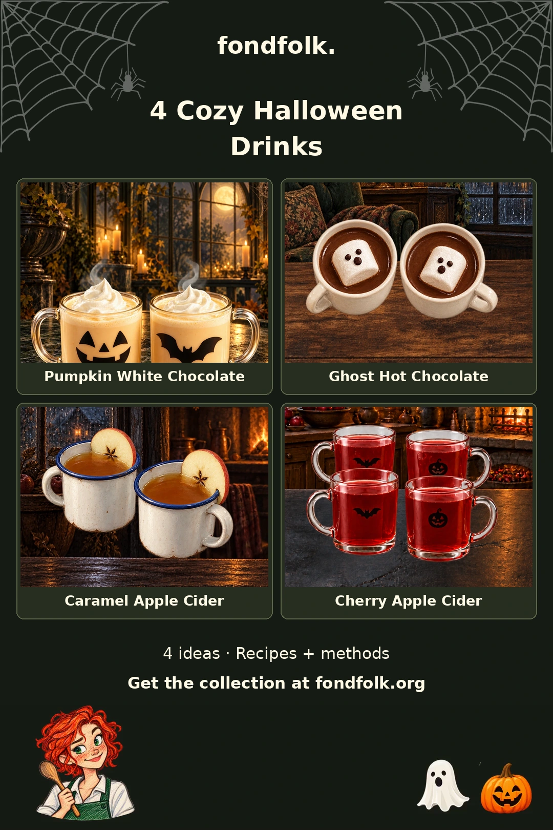 Fondfolk collection of 4 Halloween ideas: Pumpkin White Chocolate, Ghost Hot Chocolate, Caramel Apple Cider, Cherry Apple Cider.